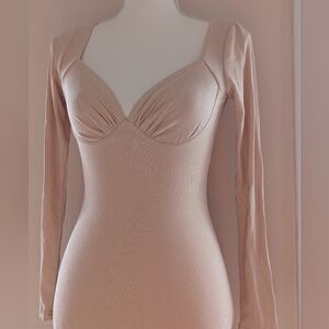 Princess Polly Danae Long Sleeved Rib Knit Body Con Mini Dress Sz 2 Beige NWT